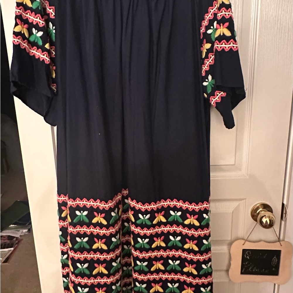 Frances Valentine Navy Dress with Pink, yellow and green embroidery details